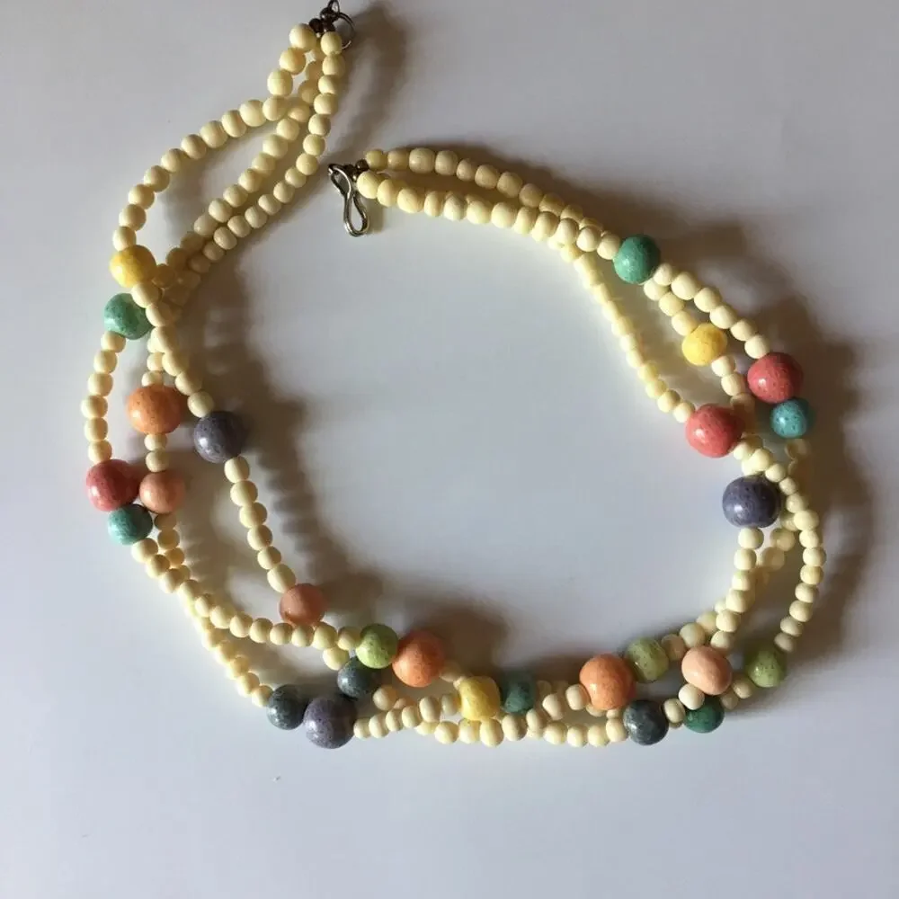 80s style cream and pastel beaded multi-strand necklace